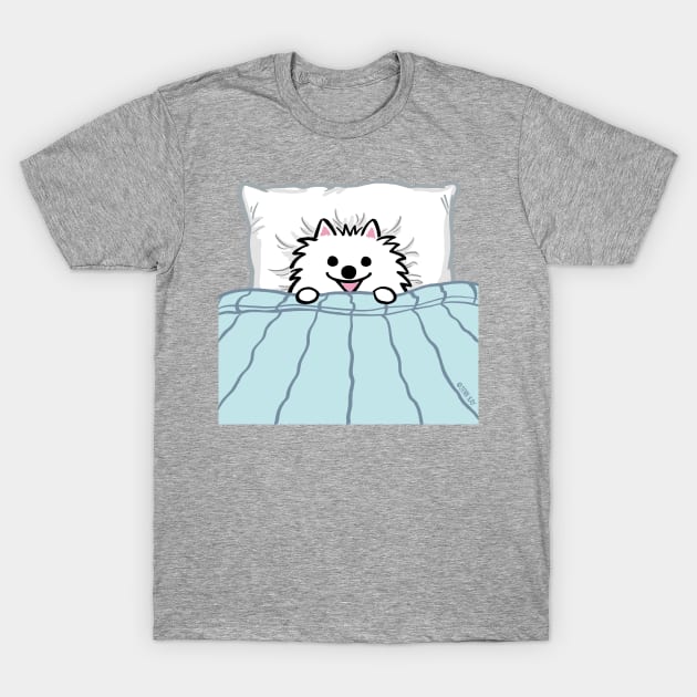 Cute White Pomeranian Tucked in Bed T-Shirt by Coffee Squirrel